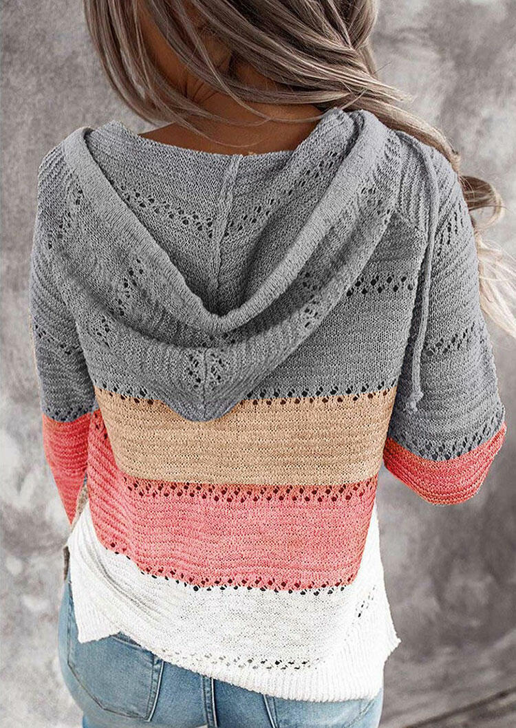 Color Block Hollow Out Drawstring Knitted Sweater - Gray