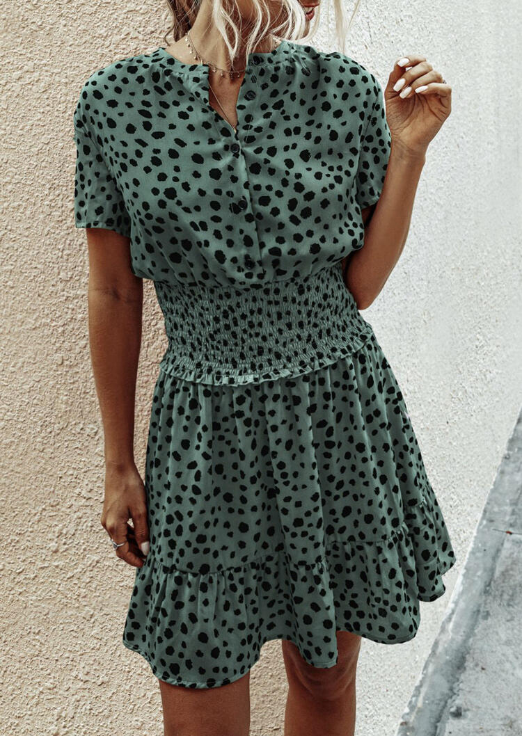 

Mini Dresses Leopard Ruffled Button V-Neck Mini Dress in Green. Size