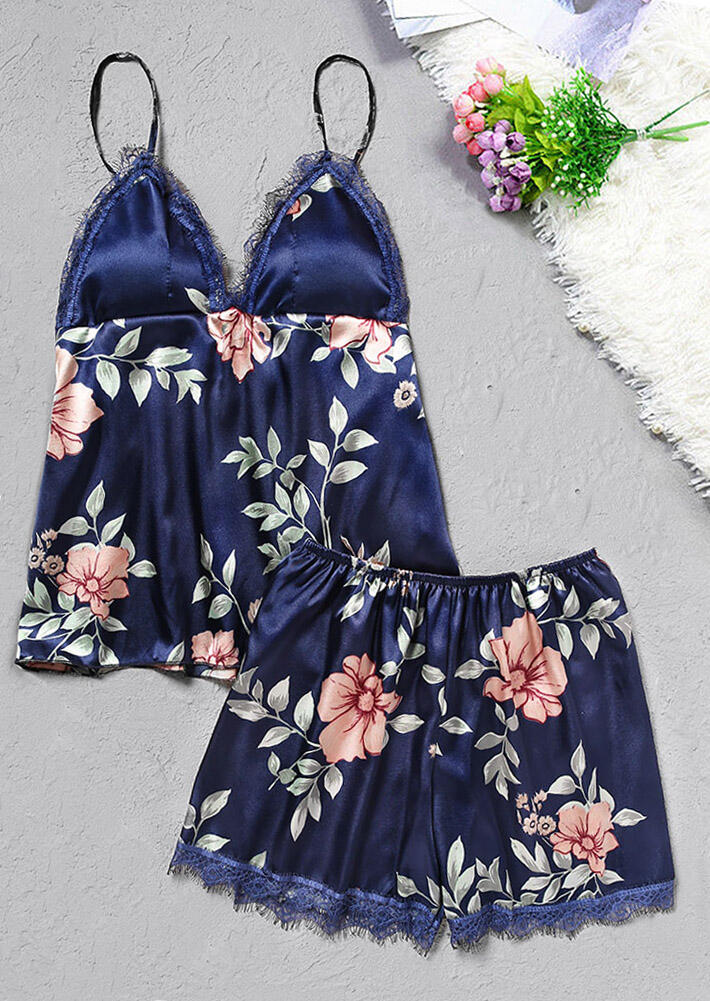 Floral Lace Splicing Camisole And Shorts Pajamas Set - Navy Blue thumbnail