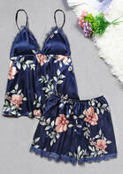 Floral Lace Splicing Camisole And Shorts Pajamas Set