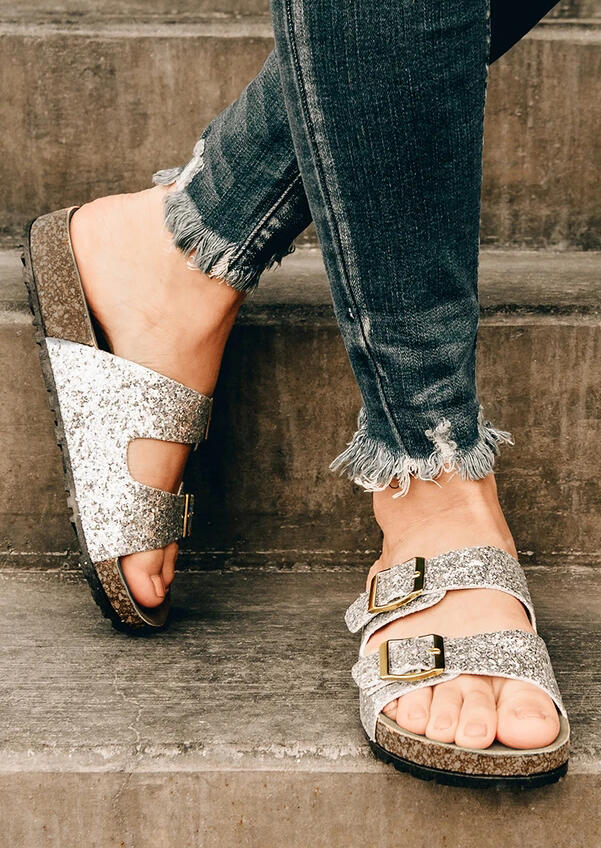 

Slippers Sequined Adjustable Buckle Slip On Flat Slippers in Silver. Size