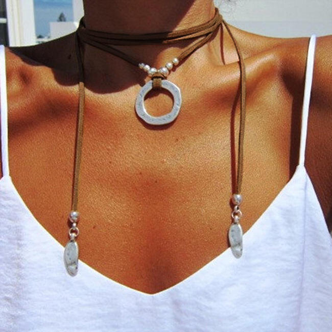 

Bohemian Adjustable Wrap Beading Ring Pendant Necklace, Black;brown, 479011