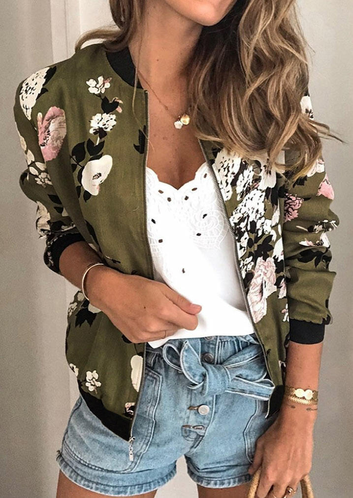 

Floral Zipper Long Sleeve Coat - Army Green, 478951