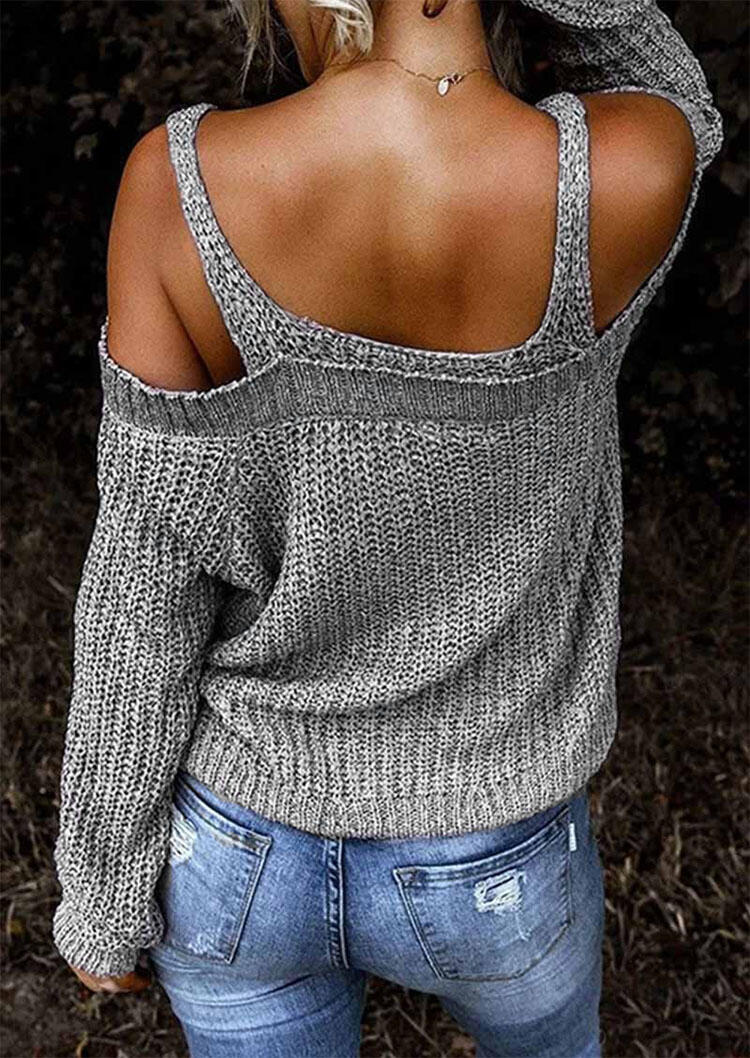 Knitted Long Sleeve Cold Shoulder Sweater - Gray