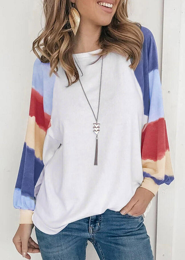 

Color Block Striped Splicing Long Sleeve T-Shirt Tee - White, 478965