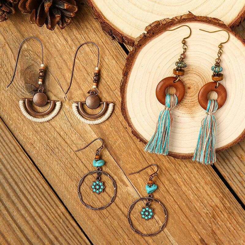

3 Pairs Bohemian Tassel Hollow Out Beading Earrings Set, Multicolor, 479030