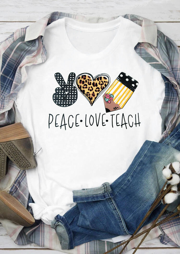 

Tees T-shirts Leopard Peace Love Teach Striped T-Shirt Tee in White. Size