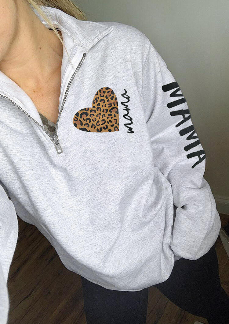 

Sweatshirts Mama Leopard Heart Zipper Collar Sweatshirt in Light Grey. Size