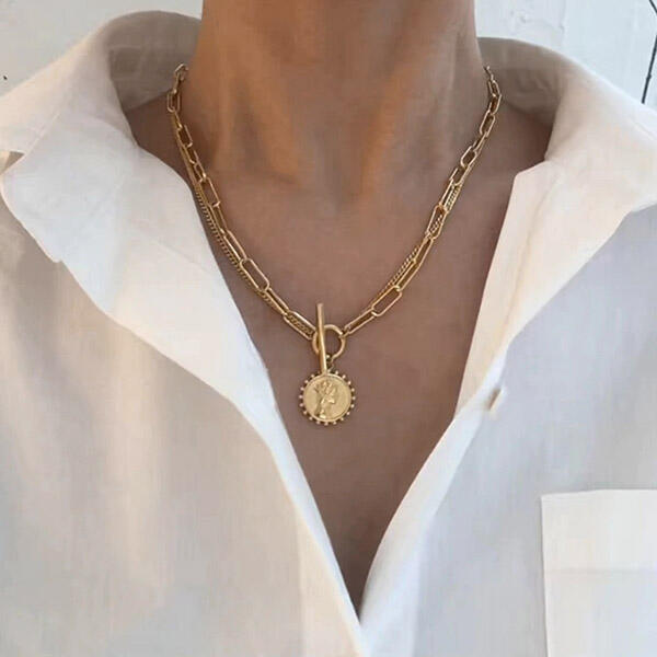 

Coin Portrait Pendant Dual-Layered Necklace, Gold, 479120