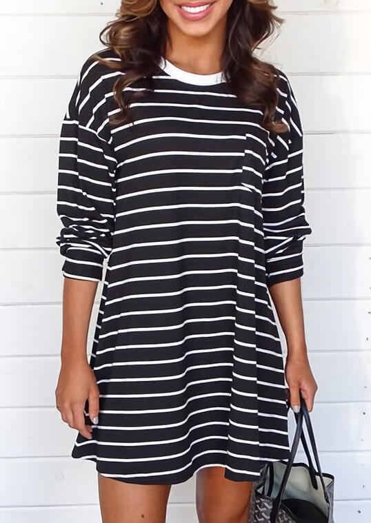 

Striped O-Neck Long Sleeve Mini Dress - Black, 479122