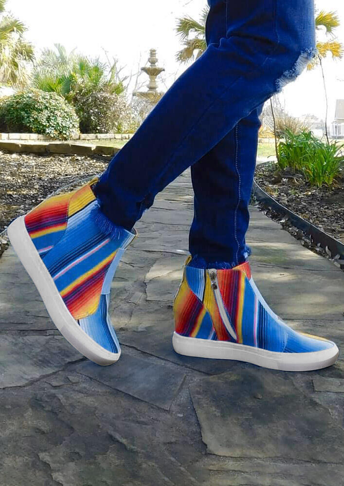 

Colorful Serape Striped Zipper Wedged Sneakers, Multicolor, 479185