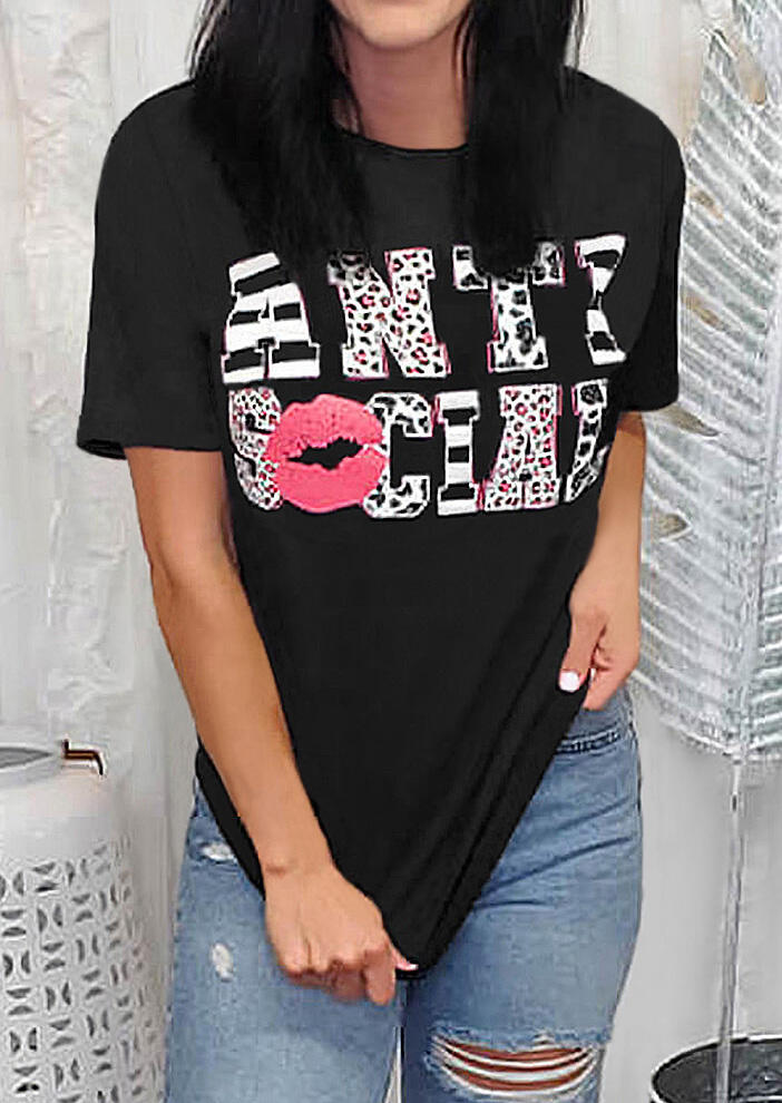 

Striped Leopard Lips Anti Social T-Shirt Tee - Black, 479221