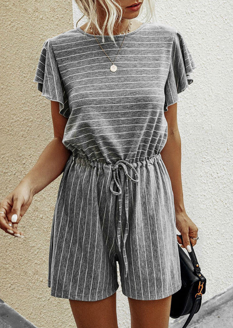 

Striped Drawstring Tie Hollow Out Romper - Gray, 479238