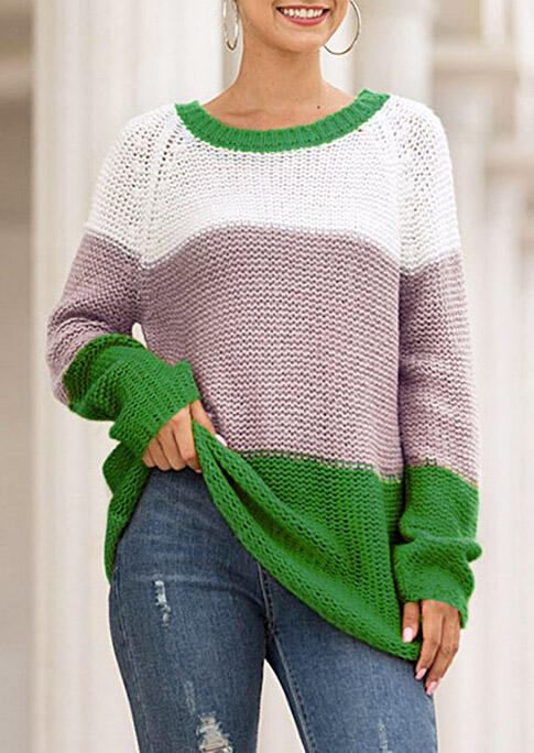 Color Block O-Neck Knitted Pullover Sweater - Green