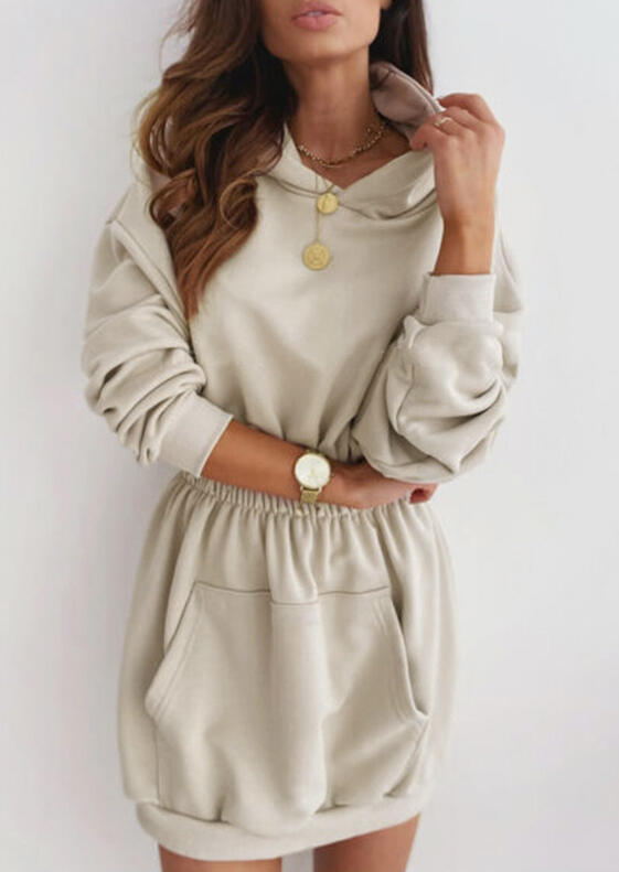 

Elastic Waist Kangaroo Pocket Hooded Mini Dress - Apricot, 479351