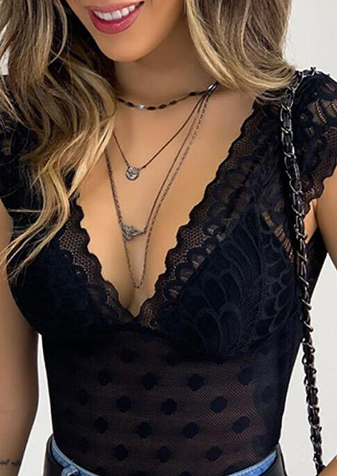 

Tanks Mesh Lace Splicing Polka Dot Tank in Black. Size