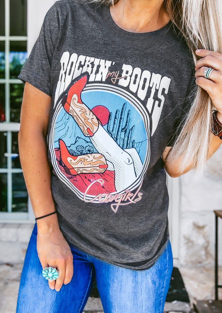 

Rockin' My Boots Cowgirls Cactus T-Shirt Tee - Gray, 479240