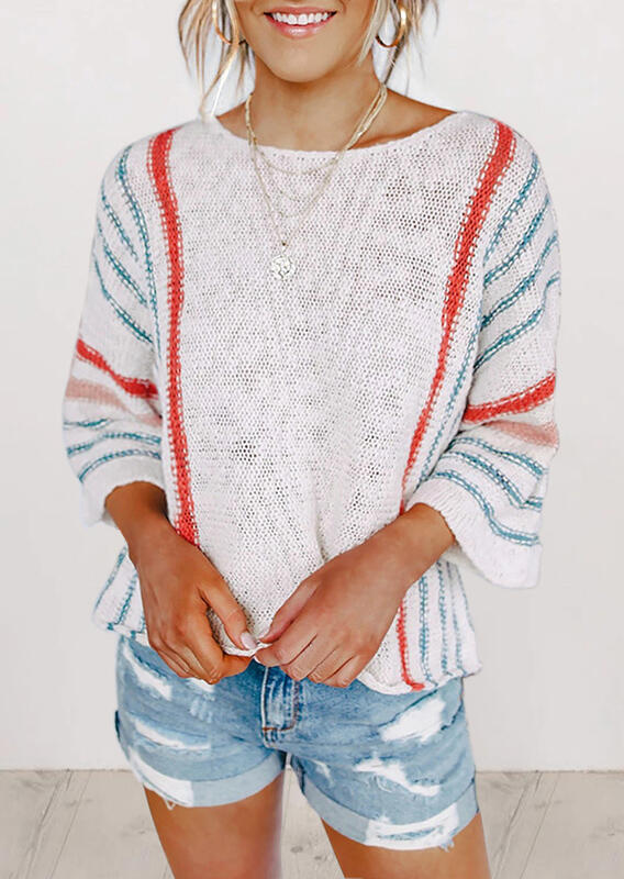 

Striped Flare Sleeve Knitted Sweater - White, 479248