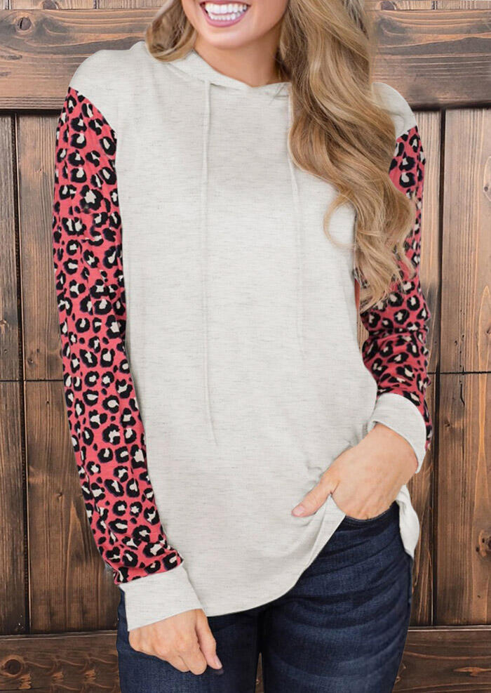 

Color Block Leopard Splicing Drawstring Hoodie - Light Grey, 479292