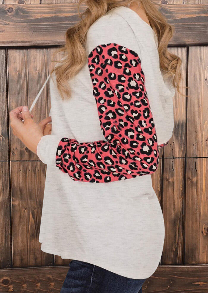 

Hoodies Color Block Leopard Splicing Drawstring Hoodie in Light Grey. Size