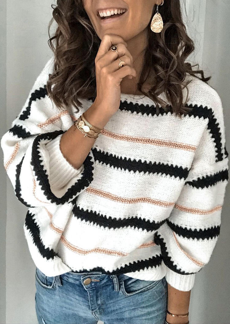 Striped Long Sleeve Pullover Sweater - White