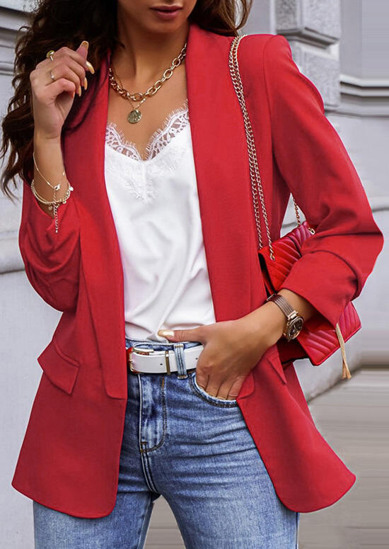 

Pocket Long Sleeve Turn-Down Collar Blazer Coat, Red, 479448