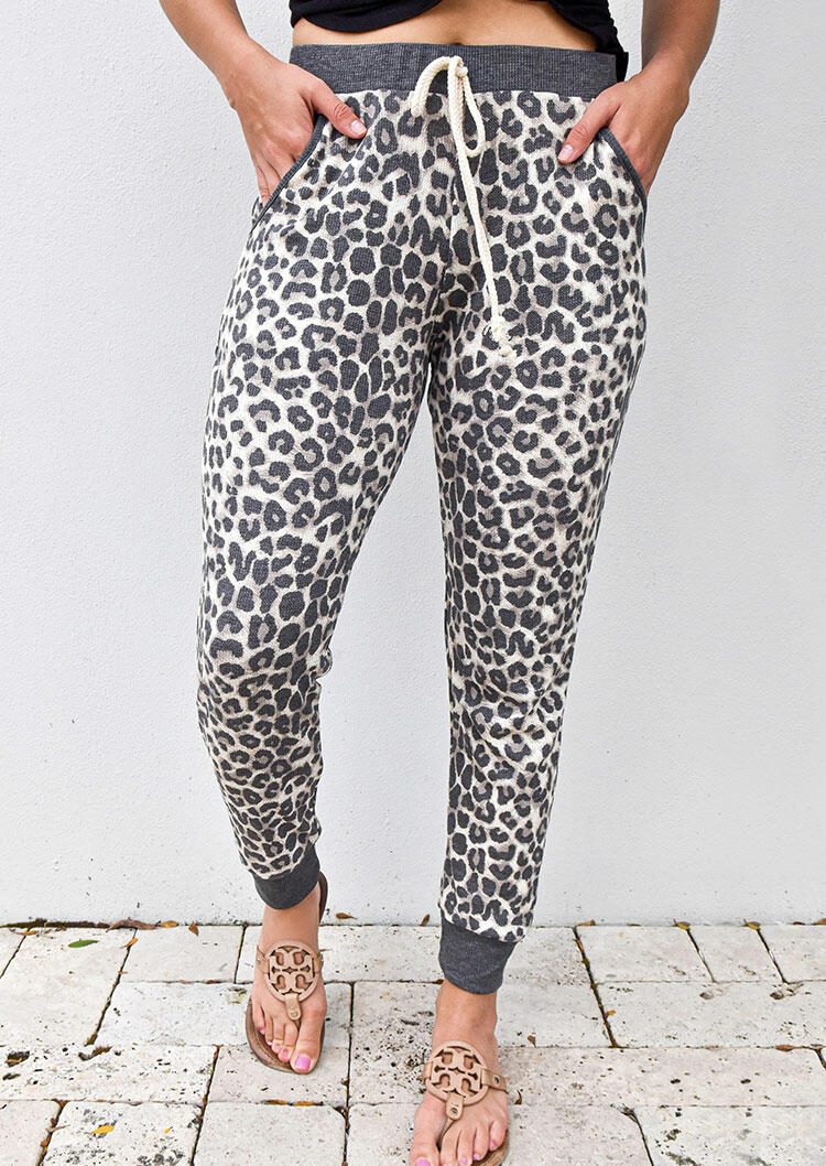 

Pants Leopard Splicing Drawstring Pocket Pants in Leopard. Size