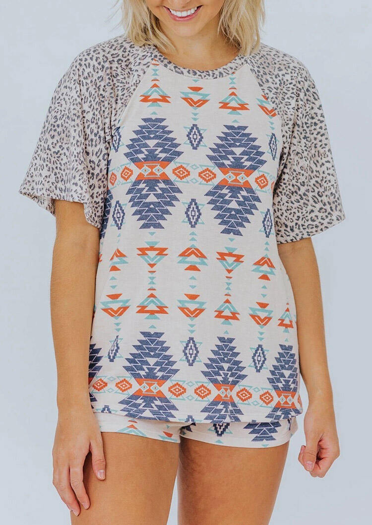 

Presale - Aztec Geometric Leopard Splicing T-Shirt Tee, Multicolor, 479530