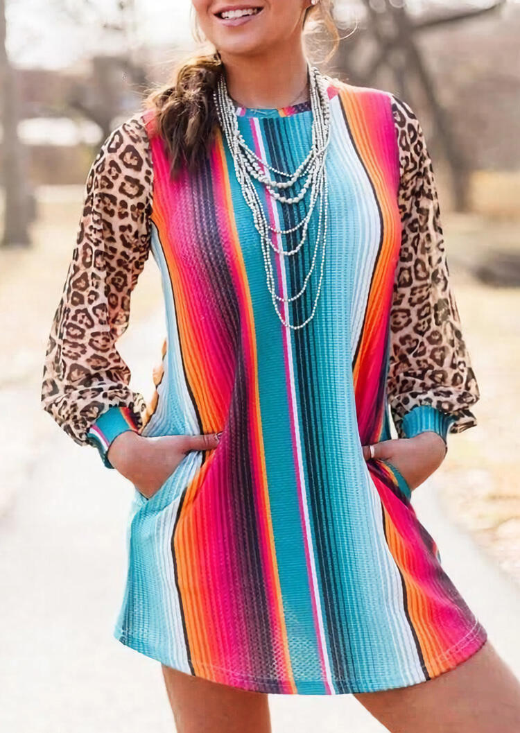 

Colorful Serape Striped Splicing Leopard Pocket Mini Dress without Necklace, Multicolor, 479549