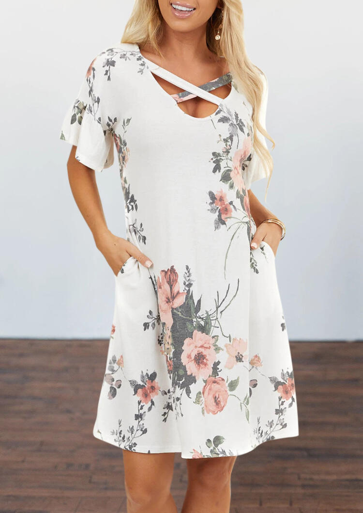 

Presale - Floral Cut Out Pocket Mini Dress - White, 479551