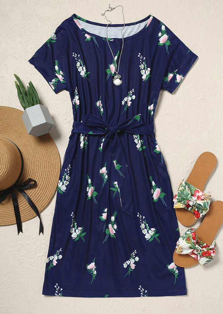 Mini Dresses Floral Pocket Mini Dress without Necklace - Navy Blue in Blue. Size: M,S