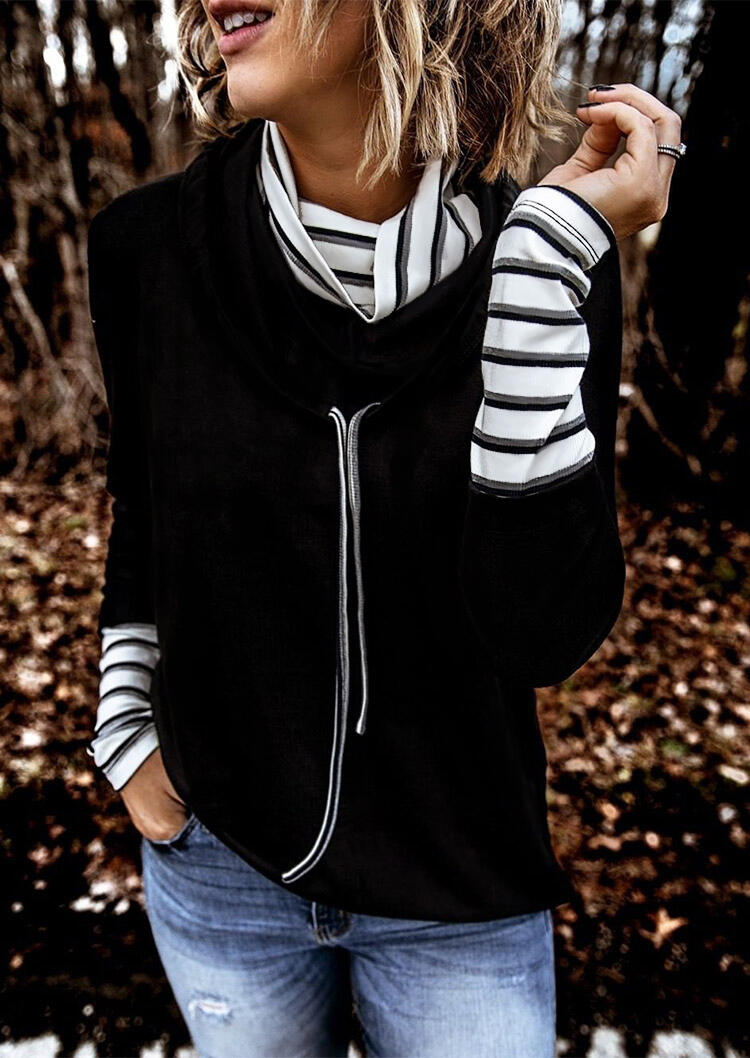 

Striped Color Block Drawstring Sweatshirt - Black, 479100