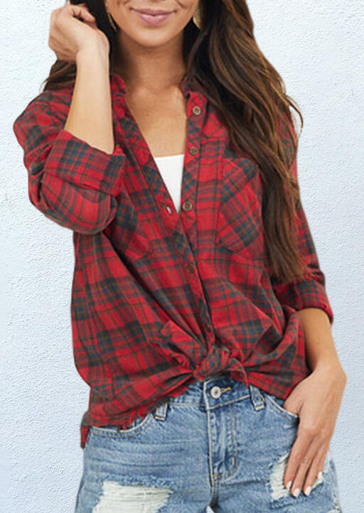 

Shirts Plaid Pocket Button Asymmetric Shirt in Red. Size
