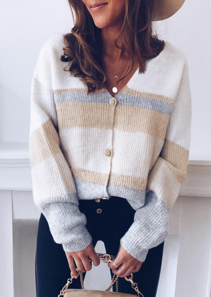 

Sweaters Striped Button V-Neck Knitted Sweater in Multicolor. Size