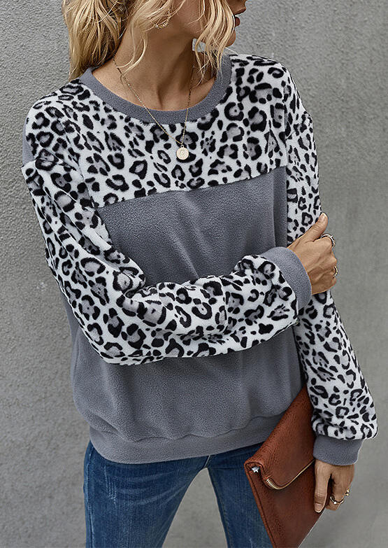 

Leopard Splicing O-Neck Fleece Sweatshirt - Gray, 479527