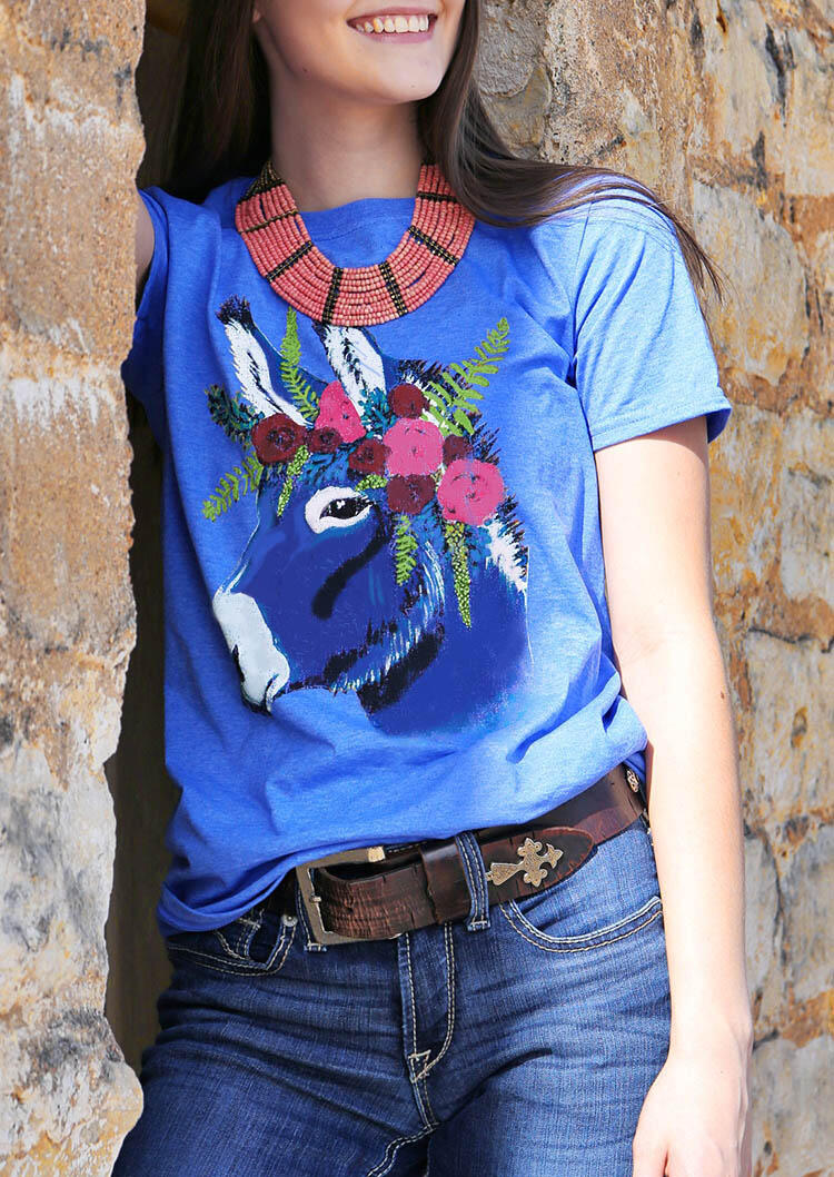 

Donkey Floral O-Neck T-Shirt Tee - Blue, 479558