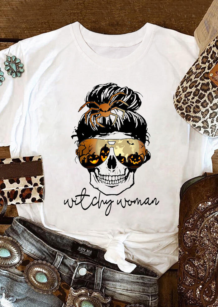 

Halloween Skull Pumpkin Spider Witchy Woman T-Shirt Tee - White, 479559