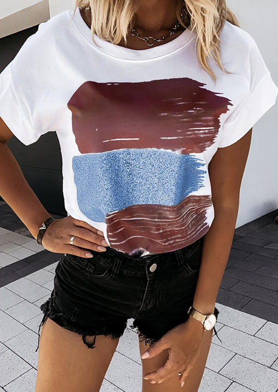 

Color Block O-Neck T-Shirt Tee - White, 479563