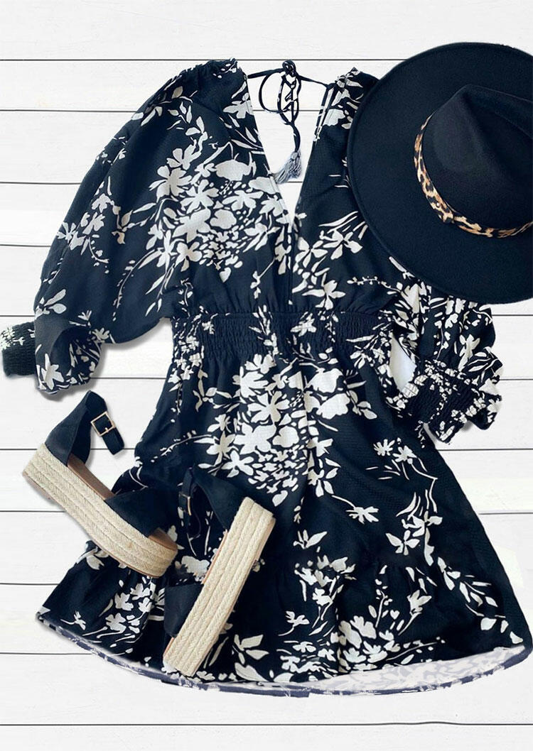 

Presale - Floral Tie Ruffled Mini Dress - Navy Blue, 479661