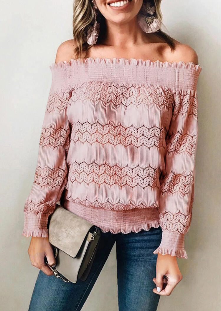 

Hollow Out Floral Lace Splicing Off Shoulder Blouse - Pink, 479663