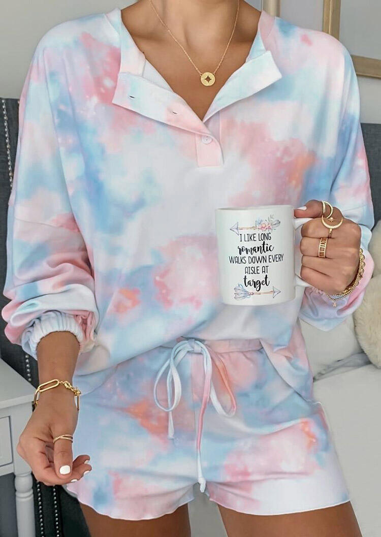 

Tie Dye Button Blouse And Drawstring Shorts Pajamas Set, Multicolor, 479488