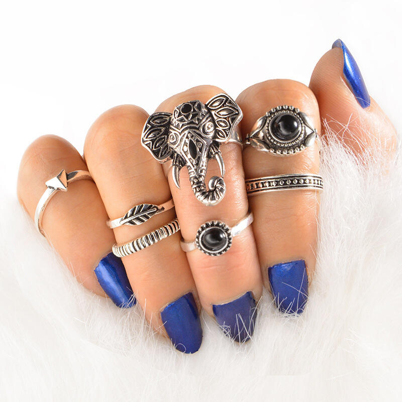 

7Pcs Beading Leaf Elephant Ring Set, Silver, 479728