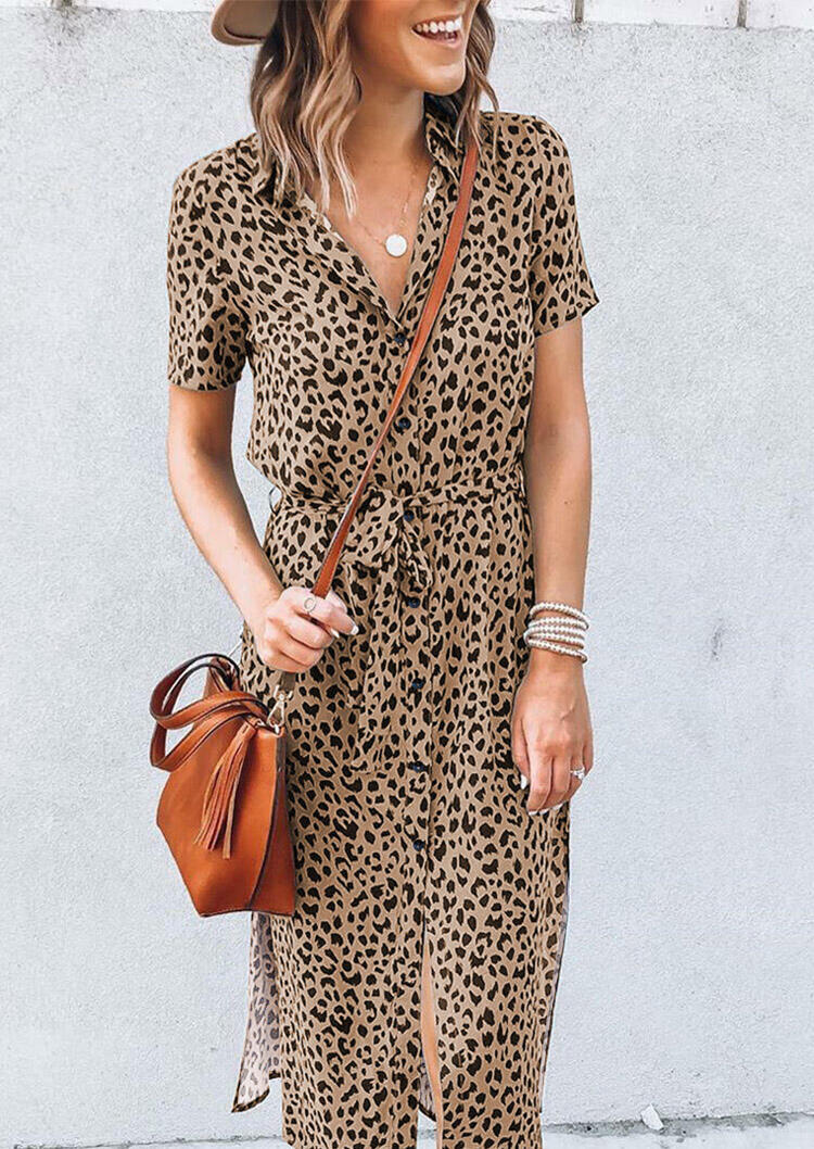 Midi Dresses Leopard Turn-Down Collar Slit Midi Dress in Multicolor. Size: L,S