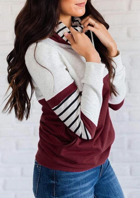 

Hoodies Striped Color Block Splicing Pocket Hoodie in Burgundy. Size