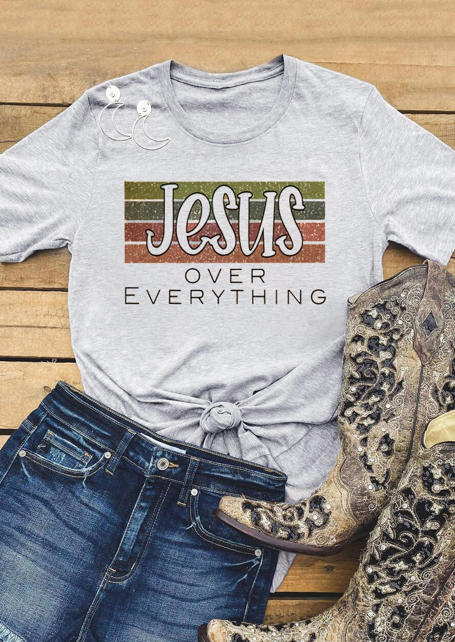 

Jesus Over Everything Striped T-Shirt Tee - Gray, 479655