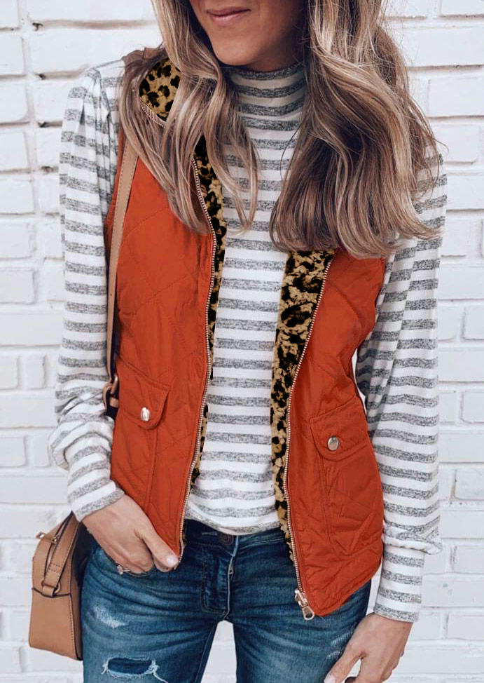 

Leopard Pocket Zipper Reversible Vest Coat, 479762