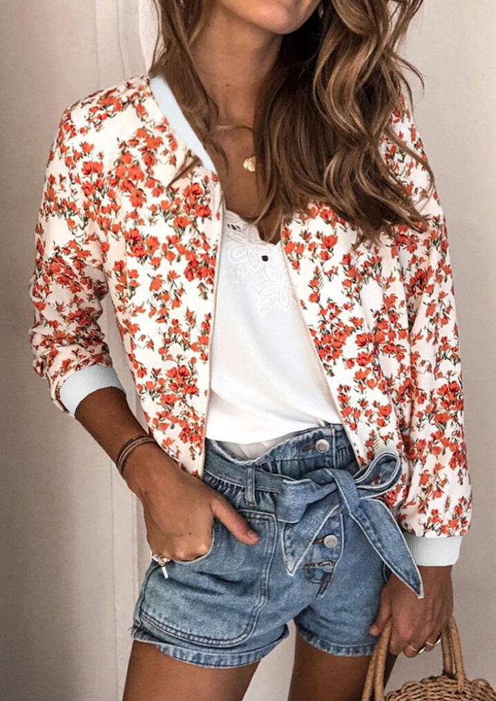 

Floral Long Sleeve Zipper Jacket Coat - White, 479818