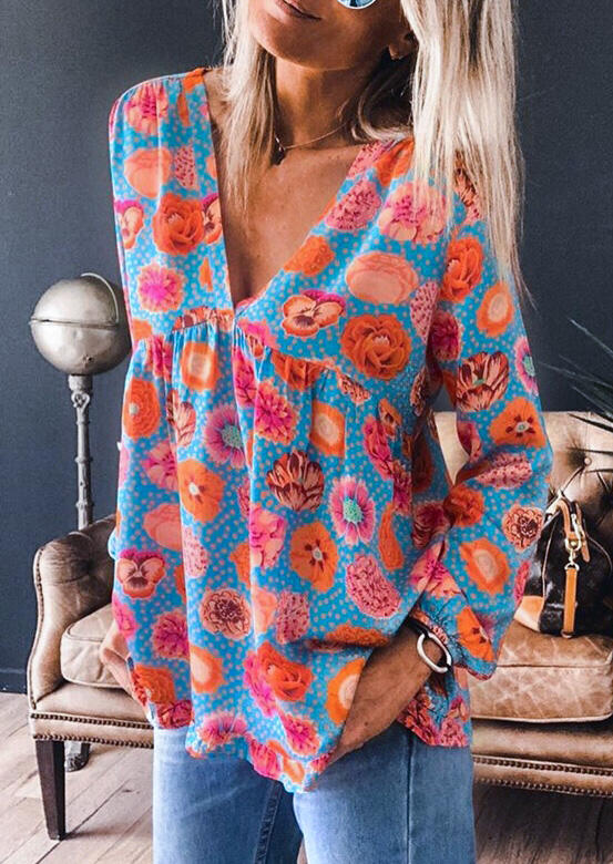 

Floral Ruffled Long Sleeve Blouse, Multicolor, 479822