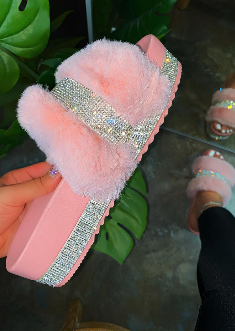 

Slippers Rhinestone Fur Slip On Platform Slippers in Pink. Size