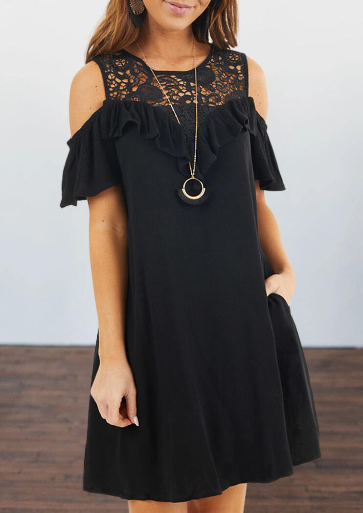 

Presale - Lace Splicing Cold Shoulder Pocket Ruffled Mini Dress - Black, 479868